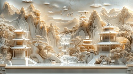 Poster - White Relief Wall with Gold Decoration, Chinese Landscape Style, High Definition
