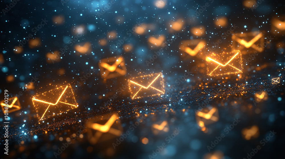 Multiple glowing email icons floating in a digital network symbolize ...