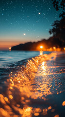 Wall Mural - mesmerizing view of ocean waves gently rolling under a starry night sky, with a dreamy blurred backg