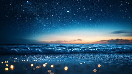 Wall Mural - mesmerizing view of ocean waves gently rolling under a starry night sky, with a dreamy blurred backg