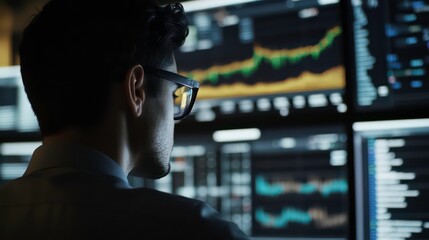 Poster - A businessman wearing glasses looks at a wall of monitors displaying stock market data.