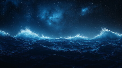 Wall Mural - mesmerizing view of ocean waves gently rolling under a starry night sky, with a dreamy blurred backg