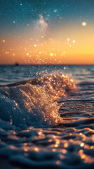 Wall Mural - mesmerizing view of ocean waves gently rolling under a starry night sky, with a dreamy blurred backg