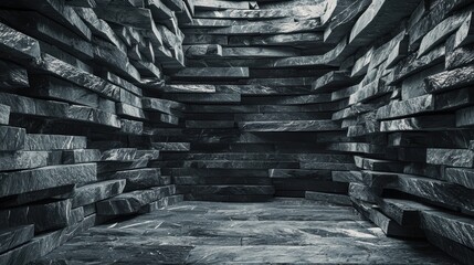 Poster - Dark, Textured Stone Walls Creating an Imposing Interior Space with Dramatic Lighting for Use in Architectural and Artistic Projects