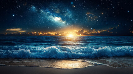 Wall Mural - mesmerizing view of ocean waves gently rolling under a starry night sky, with a dreamy blurred backg