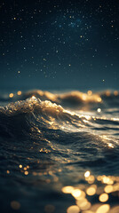 Wall Mural - mesmerizing view of ocean waves gently rolling under a starry night sky, with a dreamy blurred backg