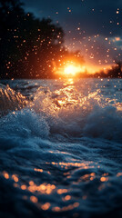 Wall Mural - mesmerizing view of ocean waves gently rolling under a starry night sky, with a dreamy blurred backg