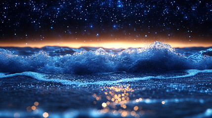 Wall Mural - mesmerizing view of ocean waves gently rolling under a starry night sky, with a dreamy blurred backg