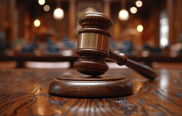 Wooden Gavel on Table in Courtroom, Law and Justice Concept with Blurred Background