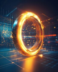 Poster - Futuristic glowing ring surrounded by digital particles and a technological landscape representing advanced innovation in artificial intelligence and virtual reality.