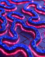 Poster - Abstract close-up view of colorful glowing lines on a textured surface, showcasing intricate designs and vibrant hues of blue and pink in a modern artistic representation.