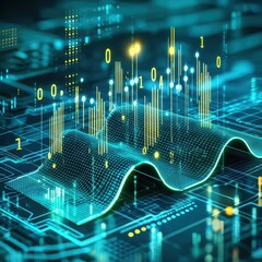 Poster - Vibrant Digital Data Visualization with Glowing Graphs and Binary Code on a Futuristic Circuit Board Background