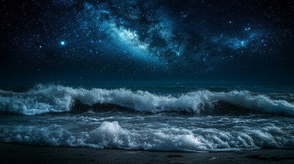 Wall Mural - mesmerizing view of ocean waves gently rolling under a starry night sky, with a dreamy blurred backg