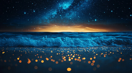 Wall Mural - mesmerizing view of ocean waves gently rolling under a starry night sky, with a dreamy blurred backg