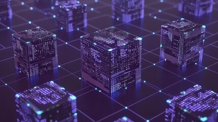 Poster - Futuristic Digital Landscape with Neon Cubes and Data Flow Representing Connectivity and Technology in a Virtual Environment