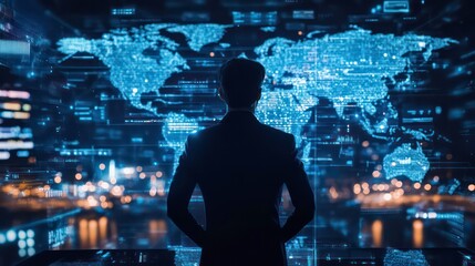 Poster - A businessman stands in front of a large screen displaying a digital world map, looking at the data and visualizing global connections.