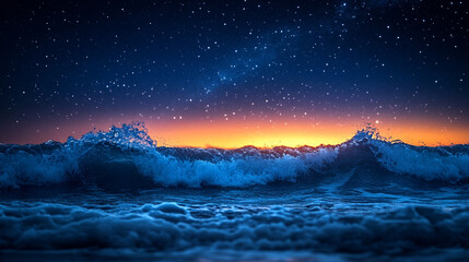Wall Mural - mesmerizing view of ocean waves gently rolling under a starry night sky, with a dreamy blurred backg