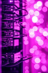 Poster - Close-Up of Server Rack with Glowing Pink Lights Creating a Dreamy Atmosphere for Technology and Innovation Background
