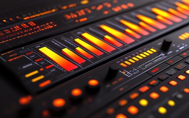 Poster - Vibrant Digital Audio Mixer with Illuminated Controls and Colorful Visuals for Professional Music Production and Sound Engineering