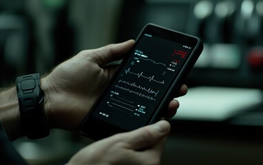 Poster - Person Holding Smartphone Displaying Heart Rate Monitor with ECG Readings in a Medical Environment, Displaying Graphs and Numbers on Screen