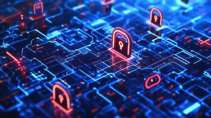 Poster - A close-up of a circuit board with glowing red and blue lock icons, representing digital security and protection.