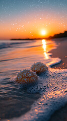 Wall Mural - mesmerizing view of ocean waves gently rolling under a starry night sky, with a dreamy blurred backg