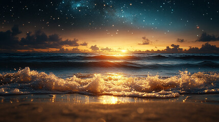 Wall Mural - mesmerizing view of ocean waves gently rolling under a starry night sky, with a dreamy blurred backg