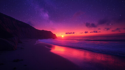 Wall Mural - mesmerizing view of ocean waves gently rolling under a starry night sky, with a dreamy blurred backg