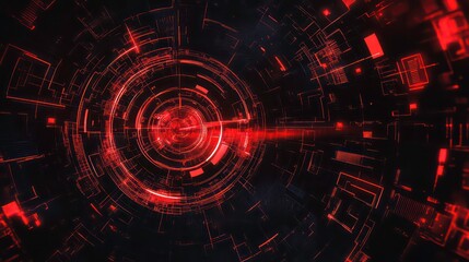 Poster - Abstract red glowing digital tunnel with concentric circles and geometric shapes.