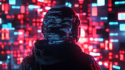 Poster - A mysterious figure in a futuristic helmet stands before a wall of glowing red and blue squares, their identity hidden behind the code that covers their helmet.