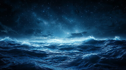 Wall Mural - mesmerizing view of ocean waves gently rolling under a starry night sky, with a dreamy blurred backg