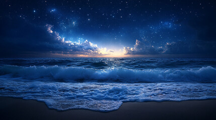 Wall Mural - mesmerizing view of ocean waves gently rolling under a starry night sky, with a dreamy blurred backg