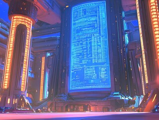 Poster - Futuristic Control Room with Neon Lights and a Large Holographic Display Featuring Complex Data Readouts in a Sci-Fi Architecture Setting