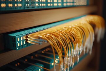 Poster - Close-Up View of Network Switch with Illuminated Ports and Fiber Optic Cables in a Data Center Environment Showcasing Modern Technology and Connectivity