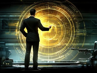Poster - Businessman Interacting with Futuristic Holographic Interface in Sci-Fi Environment, Representing Innovation, Technology, and Modern Solutions for Professional Growth