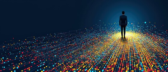 Poster - A Solitary Figure Stands at the Edge of a Dazzling Data Stream, Symbolizing Innovation, Technology, and the Future of Connectivity in a Digital World