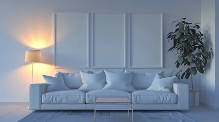 Canvas Print - A minimalist living room featuring a white sofa, decorative pillows, a lamp, and a plant, creating a serene atmosphere.