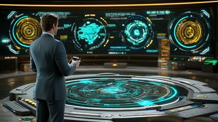 Poster - Professional businessperson interacting with advanced digital interface in modern futuristic workspace focused on data visualization and technology exploration