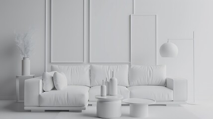 Canvas Print - A minimalist white living room featuring a sofa, decorative items, and wall art.