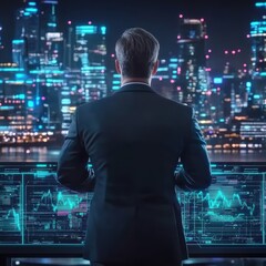 Poster - Business professional analyzing data in front of computer screens with financial graphs against a stunning city skyline at night, showcasing technology and innovation in finance.