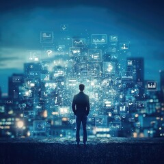 Poster - Man Standing on Rooftop Overlooking Digital Interface and Data Visualization in Urban Landscape at Night Time with Technology and Analytics Concepts Illuminated