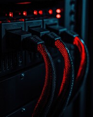 Poster - Close-Up of Red Network Cables Connected to Server Ports, Illuminated with LED Lights, Showcasing Technology and Connectivity in a Dark Environment