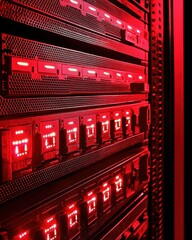 Poster - High-Tech Server Room Displaying Bright Red LED Lights Amidst Complex Data Storage Systems and Modern Computing Equipment for Digital Innovation Insights