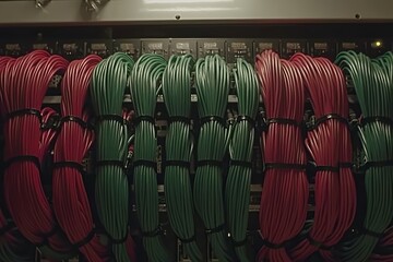 Poster - Colorful Network Cables Organized in a Server Room Highlighting Technology Infrastructure, Connectivity, and Data Management in a Modern Digital Environment