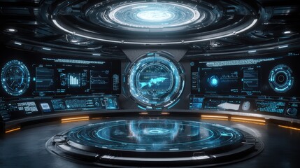 Poster - Futuristic high-tech control room with glowing interfaces and holographic displays ideal for sci-fi projects, virtual reality environments, or advanced technology concepts