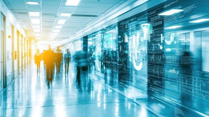 Poster - Futuristic Urban Corridor with People Walking and Digital Data Projections, Showcasing a Blend of Technology and Human Activity in a Modern Environment