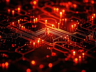 Poster - Abstract Digital Circuit Board Background with Glowing Red Lines and Dots, Representing Technology and Connectivity in a Futuristic Environment