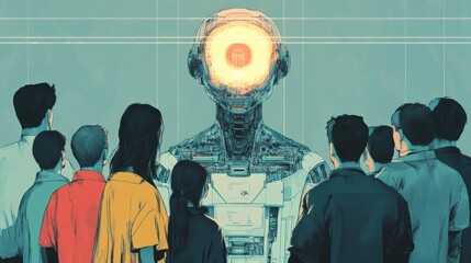 Aufkleber - A diverse group of individuals gathers to observe an abstract AI system at a technology event, engaging in discussion and exploration. Generative AI