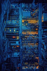 Poster - Detailed View of a Data Center with Network Servers and Vibrant LED Lights Illuminating the Complex Wiring and Equipment in a High-Tech Environment