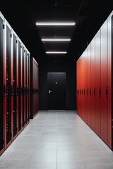 Poster - Modern Data Center Aisle with Rows of Red and Black Server Racks under Bright Lighting, Leading Toward a Black Door in a Sleek, High-Tech Environment